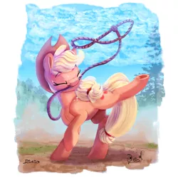 Size: 2000x2000 | Tagged: safe, artist:dilarus, artist:discorded, banned from derpibooru, deleted from derpibooru, derpibooru import, applejack, earth pony, pony, applejack's hat, cloud, collaboration, cowboy hat, cute, dirt, eyes closed, female, grass, hat, jackabetes, lasso, mare, rope, sky, smiling, solo, tree