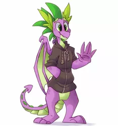 Size: 1402x1499 | Tagged: safe, artist:hiccupsdoesart, banned from derpibooru, deleted from derpibooru, derpibooru import, spike, dragon, clothes, cute, hoodie, older, older spike, winged spike