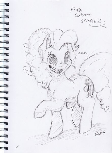 Size: 1801x2449 | Tagged: safe, artist:dilarus, banned from derpibooru, deleted from derpibooru, derpibooru import, pinkie pie, earth pony, pony, dialogue, dilated pupils, female, gasp, grayscale, mare, monochrome, offscreen character, open mouth, pencil drawing, raised hoof, signature, solo, traditional art, wide eyes