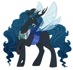 Size: 1280x1221 | Tagged: safe, artist:lopoddity, banned from derpibooru, deleted from derpibooru, derpibooru import, changeling queen oc, oc, oc:nyx, alicorn, changeling, changeling queen, changepony, hybrid, blue changeling, changeling oc, commission, fangs, female, interspecies offspring, magical lesbian spawn, next generation, offspring, parent:princess luna, parent:queen chrysalis, parents:chrysaluna, raised hoof, simple background, smiling, solo, transparent background