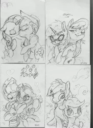 Size: 2552x3508 | Tagged: safe, artist:dilarus, banned from derpibooru, deleted from derpibooru, derpibooru import, applejack, octavia melody, rainbow dash, rarity, scootaloo, vinyl scratch, earth pony, pegasus, pony, unicorn, blushing, cloud, commission, dialogue, eyes closed, female, filly, grayscale, heart, hug, kissing, lesbian, mare, monochrome, patreon, pencil drawing, rarijack, scratchtavia, shipping, signature, traditional art