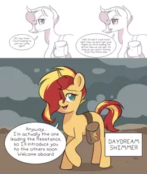 Size: 2400x2841 | Tagged: safe, artist:little-tweenframes, banned from derpibooru, deleted from derpibooru, derpibooru import, sunset shimmer, pony, unicorn, comic:spiraling together, alternate hairstyle, alternate universe, bag, comic, saddle bag, sunjackspiral