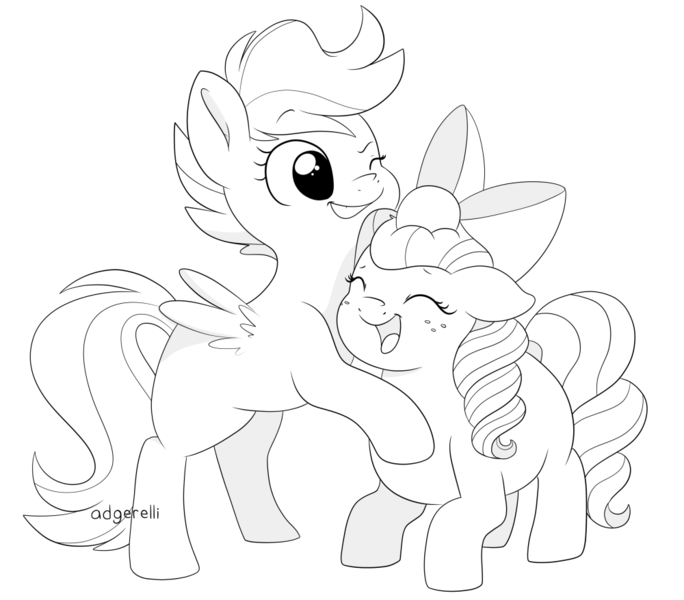 Size: 1000x877 | Tagged: safe, artist:little-tweenframes, banned from derpibooru, deleted from derpibooru, derpibooru import, scootaloo, oc, oc:honeycrisp blossom, earth pony, pegasus, pony, :p, black and white, cute, duo, female, filly, grayscale, lineart, monochrome, noogie, offspring, parent:big macintosh, parent:princess cadance, parents:cadmac, silly, simple background, tongue out, transparent background