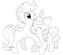 Size: 1000x877 | Tagged: safe, artist:little-tweenframes, banned from derpibooru, deleted from derpibooru, derpibooru import, scootaloo, oc, oc:honeycrisp blossom, earth pony, pegasus, pony, :p, black and white, cute, duo, female, filly, grayscale, lineart, monochrome, noogie, offspring, parent:big macintosh, parent:princess cadance, parents:cadmac, silly, simple background, tongue out, transparent background