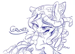 Size: 3712x2660 | Tagged: safe, artist:dilarus, banned from derpibooru, deleted from derpibooru, derpibooru import, tree hugger, earth pony, pony, bandana, dialogue, dreadlocks, female, groovy, lidded eyes, mare, monochrome, raised hoof, signature, simple background, solo, white background