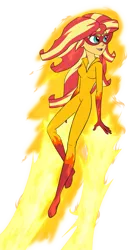 Size: 1113x2048 | Tagged: safe, artist:verumteednp, banned from derpibooru, deleted from derpibooru, derpibooru import, sunset shimmer, equestria girls, clothes, costume, crossover, female, fiery shimmer, fire, firestar (marvel), flying, marvel comics, mask, request, simple background, smiling, solo, superhero, transparent background