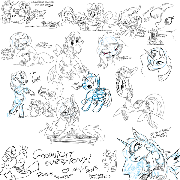 Size: 3200x3200 | Tagged: safe, artist:dilarus, artist:jessi_lionheart, banned from derpibooru, deleted from derpibooru, derpibooru import, apple bloom, fluttershy, nightmare moon, pinkie pie, princess luna, rainbow dash, rarity, scootaloo, sweetie belle, trixie, twilight sparkle, twilight sparkle (alicorn), vinyl scratch, oc, alicorn, earth pony, pegasus, pony, unicorn, bipedal, bipedal leaning, boop, chains, collaboration, cutie mark crusaders, derp, derplight sparkle, devil horns, dialogue, disembodied hand, disgusted, doodle, drawpile, exclamation point, faic, female, filly, flying, food, hand, hoof hold, leaning, mare, meme, music notes, necktie, open mouth, partial color, pea, prehensile mane, raised hoof, scootaderp, scootaloo can fly, simple background, sitting, sketch, sketch dump, special eyes, tongue out, toothbrush, turntable, white background