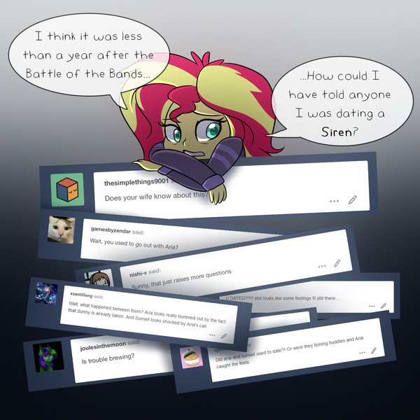 Size: 1300x1300 | Tagged: safe, artist:little-tweenframes, banned from derpibooru, deleted from derpibooru, derpibooru import, aria blaze, sunset shimmer, comic:aria's archives, series:sciset diary, equestria girls, answer, clothes, crossover, female, implied aria blaze, lesbian, scared, shipping, sunblaze