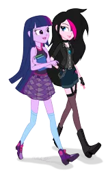 Size: 1292x2048 | Tagged: safe, artist:verumteednp, banned from derpibooru, deleted from derpibooru, derpibooru import, twilight sparkle, oc, oc:zoe star pink, equestria girls, boots, clothes, female, fingerless gloves, garters, gloves, hair over one eye, long socks, shoes, simple background, skirt, smiling, socks, stockings, tanktop, thigh highs, transparent background, walking