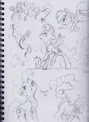 Size: 2552x3508 | Tagged: safe, artist:dilarus, banned from derpibooru, deleted from derpibooru, derpibooru import, angel bunny, fluttershy, pinkie pie, rainbow dash, earth pony, pegasus, pony, rabbit, animal, bush, dialogue, female, flower, flying, grayscale, male, mare, monochrome, raised hoof, signature, sketch, traditional art, trio