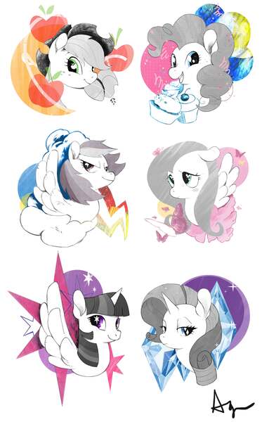 Size: 6614x10630 | Tagged: safe, artist:angstfish, banned from derpibooru, deleted from derpibooru, derpibooru import, applejack, fluttershy, pinkie pie, rainbow dash, rarity, twilight sparkle, twilight sparkle (alicorn), alicorn, butterfly, earth pony, pegasus, pony, unicorn, absurd resolution, apple eyes, cloud, cupcake, cutie mark, cutie mark eyes, food, happy, lidded eyes, mane six, smiling, starry eyes, wingding eyes