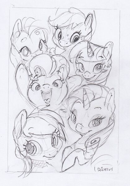 Size: 1413x2025 | Tagged: safe, artist:dilarus, banned from derpibooru, deleted from derpibooru, derpibooru import, applejack, fluttershy, pinkie pie, rainbow dash, rarity, twilight sparkle, earth pony, pegasus, pony, unicorn, bust, female, grayscale, mane six, mare, monochrome, open mouth, raised hoof, signature, simple background, sketch, traditional art, white background