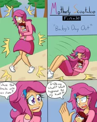 Size: 800x1000 | Tagged: safe, artist:jake heritagu, artist:little-tweenframes, banned from derpibooru, deleted from derpibooru, derpibooru import, scootaloo, oc, oc:lightning blitz, human, comic:ask motherly scootaloo, comic:baby's day out, series:sciset diary, equestria girls, baby, clothes, collaboration, comic, equestria girls-ified, female, hairpin, male, mother and child, mother and son, motherly scootaloo, offspring, older, older scootaloo, parent:rain catcher, parent:scootaloo, parents:catcherloo, shocked, speech bubble, sweatshirt, tree