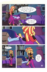 Size: 2650x4096 | Tagged: safe, artist:verumteednp, banned from derpibooru, deleted from derpibooru, derpibooru import, sci-twi, spike, spike the regular dog, sunset shimmer, twilight sparkle, dog, comic:sparkling shimmer, equestria girls, bed, bedroom, box, clothes, comic, crying, dialogue, glasses, pants, sad, speech bubble