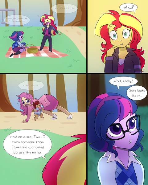 Size: 1000x1250 | Tagged: safe, artist:jake heritagu, artist:little-tweenframes, banned from derpibooru, deleted from derpibooru, derpibooru import, sci-twi, scootaloo, sunset shimmer, twilight sparkle, oc, oc:lightning blitz, oc:sparkling sapphire, comic:ask motherly scootaloo, comic:baby's day out, series:sciset diary, equestria girls, baby, basket, clothes, collaboration, comic, crossover, equestria girls-ified, female, hairpin, lesbian, magical lesbian spawn, motherly scootaloo, offspring, parent:rain catcher, parent:sci-twi, parent:scootaloo, parent:sunset shimmer, parents:catcherloo, parents:scitwishimmer, picnic, picnic basket, picnic blanket, playground, scitwishimmer, shipping, sunsetsparkle, sweatshirt, swing, tree