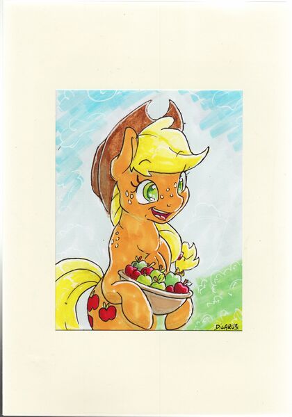 Size: 1752x2504 | Tagged: safe, artist:dilarus, banned from derpibooru, deleted from derpibooru, derpibooru import, applejack, earth pony, pony, apple, card, cowboy hat, female, food, gift card, hat, hoof hold, mare, marker drawing, signature, smiling, solo, traditional art