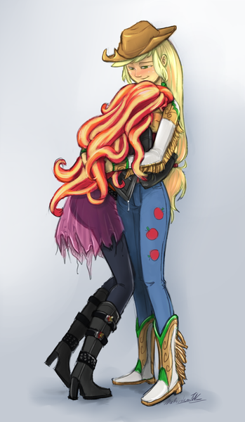 Size: 745x1280 | Tagged: safe, artist:verumteednp, banned from derpibooru, deleted from derpibooru, derpibooru import, applejack, sunset shimmer, equestria girls, appleshimmer, blushing, boots, clothes, cowboy hat, eyes closed, female, hat, high heel boots, hug, lesbian, pants, shipping, shoes, simple background, smiling, stetson