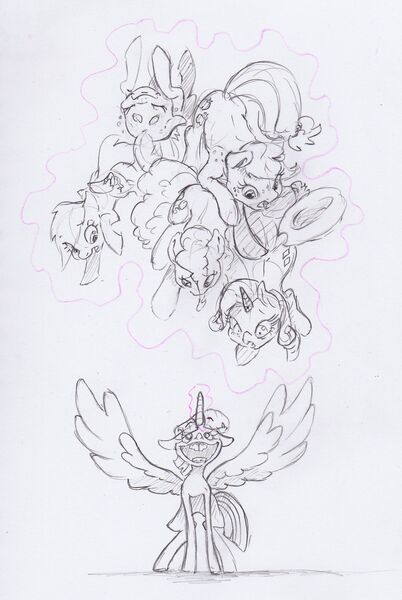 Size: 1582x2362 | Tagged: safe, artist:dilarus, banned from derpibooru, deleted from derpibooru, derpibooru import, applejack, fluttershy, pinkie pie, rainbow dash, rarity, twilight sparkle, twilight sparkle (alicorn), alicorn, earth pony, pegasus, pony, unicorn, comic:the many faces of twilight sparkle, cowboy hat, eyes closed, faic, glowing horn, hat, horn, looking up, magic, mane six, pencil drawing, simple background, telekinesis, traditional art, white background