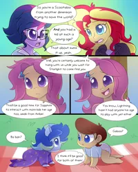 Size: 3000x3750 | Tagged: safe, artist:jake heritagu, artist:little-tweenframes, banned from derpibooru, deleted from derpibooru, derpibooru import, sci-twi, scootaloo, sunset shimmer, twilight sparkle, oc, oc:lightning blitz, oc:sparkling sapphire, comic:ask motherly scootaloo, comic:baby's day out, series:sciset diary, equestria girls, baby, clothes, collaboration, comic, cute, cutealoo, dialogue, diaper, hairpin, magical lesbian spawn, male, motherly scootaloo, ocbetes, offspring, older, older scootaloo, parent:rain catcher, parent:sci-twi, parent:scootaloo, parent:sunset shimmer, parents:catcherloo, parents:scitwishimmer, picnic, picnic blanket, shimmerbetes, speech bubble, sweatshirt, tree, twiabetes