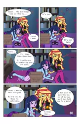 Size: 2650x4096 | Tagged: safe, artist:verumteednp, banned from derpibooru, deleted from derpibooru, derpibooru import, sci-twi, sunset shimmer, twilight sparkle, comic:sparkling shimmer, equestria girls, bed, bedroom, clothes, comic, crying, dialogue, female, glasses, jacket, leather jacket, lesbian, loose hair, pajamas, scitwishimmer, shipping, speech bubble, sunsetsparkle