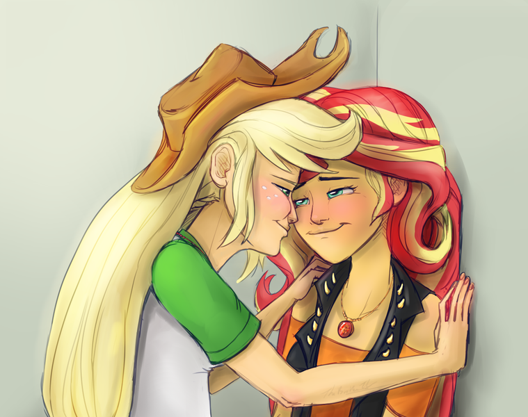 Size: 1280x1012 | Tagged: safe, artist:verumteednp, banned from derpibooru, deleted from derpibooru, derpibooru import, applejack, sunset shimmer, equestria girls, equestria girls series, appleshimmer, blushing, clothes, cowboy hat, female, freckles, geode of empathy, hat, lesbian, looking at each other, magical geodes, shipping, shirt, smiling, stetson, vest