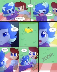 Size: 1000x1250 | Tagged: safe, artist:little-tweenframes, banned from derpibooru, deleted from derpibooru, derpibooru import, oc, oc:lightning blitz, oc:sparkling sapphire, unofficial characters only, comic:ask motherly scootaloo, comic:baby's day out, series:sciset diary, equestria girls, baby, clothes, comic, cute, diaper, duo, female, magical lesbian spawn, male, ocbetes, offspring, parent:rain catcher, parent:sci-twi, parent:scootaloo, parent:sunset shimmer, parents:catcherloo, parents:scitwishimmer, picnic blanket, pony ears, teleportation, this will end in panic, this will not end well