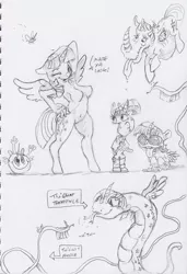 Size: 1672x2444 | Tagged: suggestive, artist:dilarus, banned from derpibooru, deleted from derpibooru, derpibooru import, twilight sparkle, twilight sparkle (alicorn), alicorn, anthro, rhinoceros, snake, unguligrade anthro, comic:the many faces of twilight sparkle, armpits, breasts, featureless breasts, female, forked tongue, monochrome, one eye closed, species swap, tongue out, traditional art, twilight snakle, wat