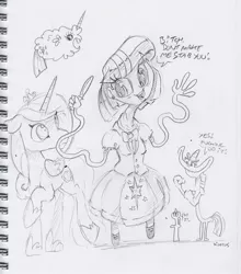 Size: 1752x1988 | Tagged: safe, artist:dilarus, banned from derpibooru, deleted from derpibooru, derpibooru import, princess cadance, twilight sparkle, twilight sparkle (alicorn), alicorn, human, pony, comic:the many faces of twilight sparkle, humanized, knife, monochrome, noodle arms, traditional art, vulgar, wat