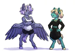 Size: 1600x1121 | Tagged: safe, artist:lopoddity, banned from derpibooru, deleted from derpibooru, derpibooru import, oc, oc:finn, oc:wave rider, unofficial characters only, anthro, unguligrade anthro, pandoraverse, anthro oc, bracelet, brother and sister, clothes, crossdressing, crossed arms, dress, duo, ear piercing, earring, female, hand on hip, jewelry, long description, male, necklace, next generation, next next generation, offspring, offspring's offspring, parent:oc:aerostorm, parent:oc:bruce, parents:oc x oc, piercing, realistic horse legs, short shirt, shorts, siblings, simple background, spread wings, story included, tanktop, white background, wings