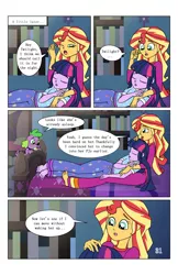 Size: 2650x4096 | Tagged: safe, artist:verumteednp, banned from derpibooru, deleted from derpibooru, derpibooru import, spike, spike the regular dog, sunset shimmer, twilight sparkle, dog, comic:sparkling shimmer, equestria girls, barefoot, bed, bedroom, clothes, comic, dialogue, feet, open mouth, pajamas, speech bubble