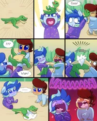 Size: 1000x1250 | Tagged: safe, artist:little-tweenframes, banned from derpibooru, deleted from derpibooru, derpibooru import, oc, oc:lightning blitz, oc:sparkling sapphire, dinosaur, comic:ask motherly scootaloo, comic:baby's day out, series:sciset diary, equestria girls, ..., baby, clothes, comic, diaper, duo, female, magical lesbian spawn, male, motherly scootaloo, offspring, parent:rain catcher, parent:sci-twi, parent:scootaloo, parent:sunset shimmer, parents:catcherloo, parents:scitwishimmer, speech bubble, teary eyes, toy