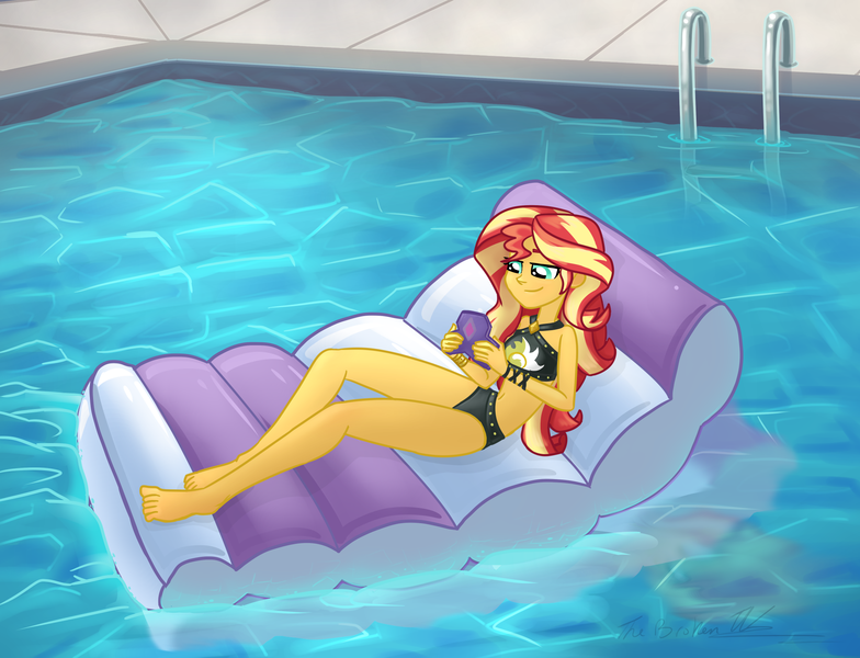 Size: 2048x1568 | Tagged: suggestive, artist:verumteednp, banned from derpibooru, deleted from derpibooru, derpibooru import, sunset shimmer, equestria girls, equestria girls series, forgotten friendship, barefoot, bikini, breasts, clothes, feet, female, gamer sunset, inflatable, requested art, smiling, solo, solo female, summer sunset, swimming pool, swimsuit