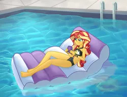Size: 2048x1568 | Tagged: suggestive, artist:verumteednp, banned from derpibooru, deleted from derpibooru, derpibooru import, sunset shimmer, equestria girls, equestria girls series, forgotten friendship, barefoot, bikini, breasts, clothes, feet, female, gamer sunset, inflatable, requested art, smiling, solo, solo female, summer sunset, swimming pool, swimsuit