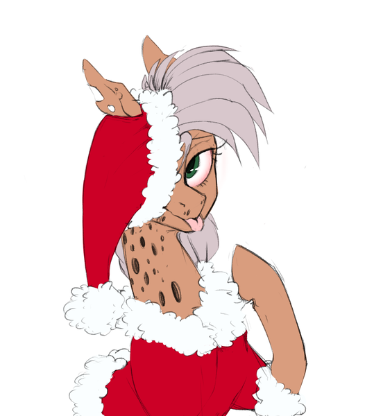 Size: 1587x1767 | Tagged: safe, artist:sand-filled-scarecrow, banned from derpibooru, deleted from derpibooru, derpibooru import, oc, oc:macey, unofficial characters only, :p, christmas, hat, holiday, santa hat, silly, tongue out, trypophobia