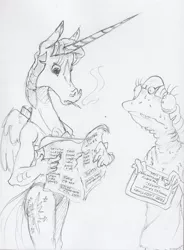 Size: 1661x2251 | Tagged: safe, artist:dilarus, banned from derpibooru, deleted from derpibooru, derpibooru import, twilight sparkle, alicorn, anthro, frog, comic:the many faces of twilight sparkle, hoers, monochrome, newspaper, smoking, species swap, traditional art, twilight sparkle (alicorn)