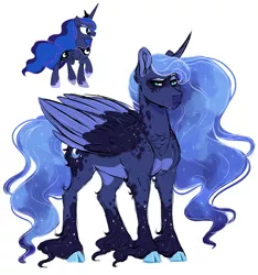Size: 1600x1706 | Tagged: safe, artist:lopoddity, banned from derpibooru, deleted from derpibooru, derpibooru import, princess luna, alicorn, pony, pandoraverse, alternate design, cloven hooves, colored hooves, comparison, curved horn, ethereal mane, female, headcanon, horn, mare, simple background, solo, starry mane, unshorn fetlocks, white background
