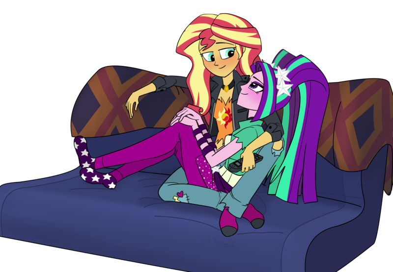 Size: 2048x1421 | Tagged: safe, artist:verumteednp, banned from derpibooru, deleted from derpibooru, derpibooru import, aria blaze, sunset shimmer, equestria girls, rainbow rocks, art trade, blushing, clothes, couch, female, lesbian, looking at each other, pants, shipping, shirt, simple background, sitting, smiling, sunblaze, transparent background
