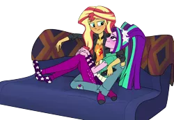 Size: 2048x1421 | Tagged: safe, artist:verumteednp, banned from derpibooru, deleted from derpibooru, derpibooru import, aria blaze, sunset shimmer, equestria girls, rainbow rocks, art trade, blushing, clothes, couch, female, lesbian, looking at each other, pants, shipping, shirt, simple background, sitting, smiling, sunblaze, transparent background