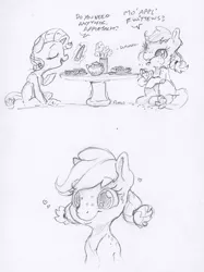Size: 1630x2182 | Tagged: safe, artist:dilarus, banned from derpibooru, deleted from derpibooru, derpibooru import, applejack, rarity, earth pony, pony, unicorn, apple fritter (food), bust, cup, cute, dialogue, duo, eating, female, filly, food, freckles, heart, jackabetes, magic, monochrome, pencil drawing, pigtails, raribetes, simple background, tea, teacup, telekinesis, traditional art, white background, younger