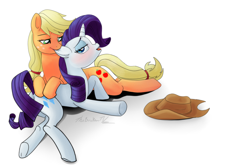 Size: 2048x1487 | Tagged: safe, artist:verumteednp, banned from derpibooru, deleted from derpibooru, derpibooru import, applejack, rarity, earth pony, pony, unicorn, biting, cowboy hat, ear bite, female, freckles, hat, horses doing horse things, lesbian, mare, nibbling, open mouth, rarijack, shipping, simple background, stetson, transparent background