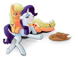 Size: 2048x1487 | Tagged: safe, artist:verumteednp, banned from derpibooru, deleted from derpibooru, derpibooru import, applejack, rarity, earth pony, pony, unicorn, biting, cowboy hat, ear bite, female, freckles, hat, horses doing horse things, lesbian, mare, nibbling, open mouth, rarijack, shipping, simple background, stetson, transparent background