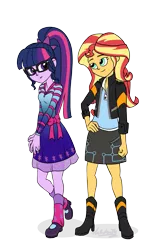 Size: 1305x2048 | Tagged: safe, artist:verumteednp, banned from derpibooru, deleted from derpibooru, derpibooru import, sci-twi, sunset shimmer, twilight sparkle, equestria girls, boots, clothes, female, glasses, high heel boots, leg warmers, lesbian, ponytail, scitwishimmer, shipping, shirt, shoes, simple background, skirt, smiling, sunsetsparkle, transparent background