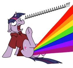 Size: 859x804 | Tagged: suggestive, artist:acesential, banned from derpibooru, deleted from derpibooru, derpibooru import, twilight sparkle, aaaaaaaaaa, ahegao, clothes, cumming rainbows, female, floppy ears, mare, open mouth, polo shirt, rainbow, screaming, shirt, tongue out, wat, yelling