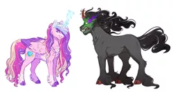 Size: 1599x853 | Tagged: safe, artist:lopoddity, banned from derpibooru, deleted from derpibooru, derpibooru import, king sombra, princess cadance, alicorn, classical unicorn, unicorn, pandoraverse, badass, chest feathers, cloven hooves, colored hooves, colored wings, contrast, curved horn, fangs, feathered fetlocks, female, glowing eyes, headcanon, hoof fluff, horn, leonine tail, long description, long feather, magic, majestic, male, mare, simple background, socks (coat marking), stallion, story in the source, story included, stupid sexy sombra, unshorn fetlocks, white background, wings