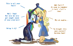 Size: 2048x1280 | Tagged: safe, artist:verumteednp, banned from derpibooru, deleted from derpibooru, derpibooru import, applejack, rainbow dash, equestria girls, accent, angry, applejack also dresses in style, catfight, clothes, dialogue, dress, makeup, mud, mud wrestling, rainbow dash always dresses in style, simple background, transparent background, y'all