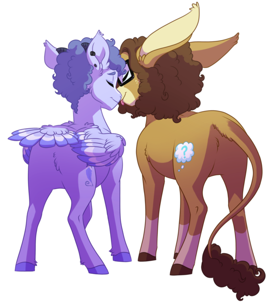 Size: 1280x1396 | Tagged: safe, artist:lopoddity, banned from derpibooru, deleted from derpibooru, derpibooru import, oc, oc:tranquil feather, oc:wandering mind, unofficial characters only, donkey, goat, goat pony, hybrid, mule, pegasus, pony, donkey oc, ear piercing, earring, eyes closed, female, get, glasses, horn, index get, jewelry, lesbian, licking, lopolala, nuzzling, piercing, ponysona, shipping, simple background, snuggling, tail feathers, tongue out, transparent background