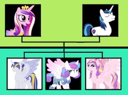 Size: 744x557 | Tagged: safe, artist:alphamonouryuuken, artist:kianamai, artist:lopoddity, banned from derpibooru, deleted from derpibooru, derpibooru import, princess cadance, princess flurry heart, princess skyla, shining armor, oc, oc:valiant heart, kilalaverse, pandoraverse, family tree, next generation, offspring, parent:princess cadance, parent:shining armor