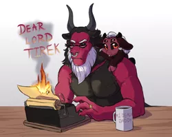 Size: 1280x1020 | Tagged: safe, artist:lopoddity, banned from derpibooru, deleted from derpibooru, derpibooru import, lord tirek, oc, oc:lucifer, oc:princess lucifer, pandoraverse, coffee mug, daddy tirek, dear lord tirek, duo, duo male and female, father and child, father and daughter, female, fire, four eyes, glasses, interspecies offspring, magical gay spawn, male, mug, next generation, nose piercing, nose ring, offspring, parent:king sombra, parent:lord tirek, parents:sombrek, piercing, simple background, typewriter, white background