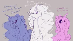 Size: 1280x711 | Tagged: safe, artist:lopoddity, banned from derpibooru, deleted from derpibooru, derpibooru import, princess cadance, princess celestia, princess luna, alicorn, pony, pandoraverse, alicorn triarchy, caricature, dear lord tirek, female, mare, simple background, trio, tumblr