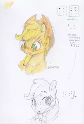 Size: 1638x2422 | Tagged: safe, artist:dilarus, banned from derpibooru, deleted from derpibooru, derpibooru import, applejack, earth pony, pony, blushing, braille, bust, colored pencil drawing, cowboy hat, dialogue, female, freckles, hat, mare, offscreen character, partial color, pencil drawing, signature, simple background, sketch, solo, text, traditional art, white background